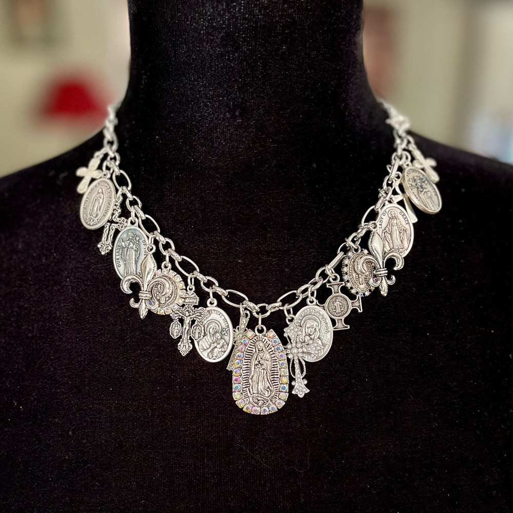 Guadalupe, Saints & Crosses Double Sided Antiqued Silver Tone Festoon Necklace - Picture 14 of 15